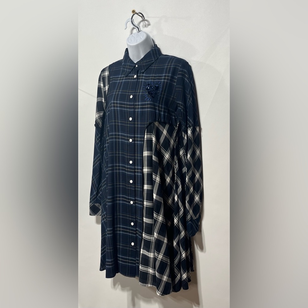 Desigual Navy, Black and‎ White Asymmetrical Button Down Plaid Dress Size Medium - Picture 5 of 11